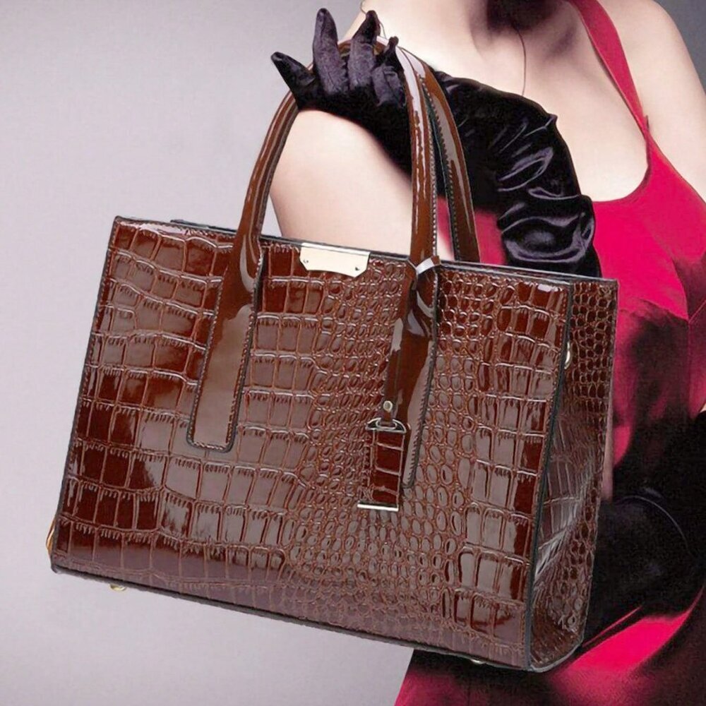 Brown Fashionable Women's Double Handle Crocodile Embossed Polyurethane Bag - Picture 2 of 4
